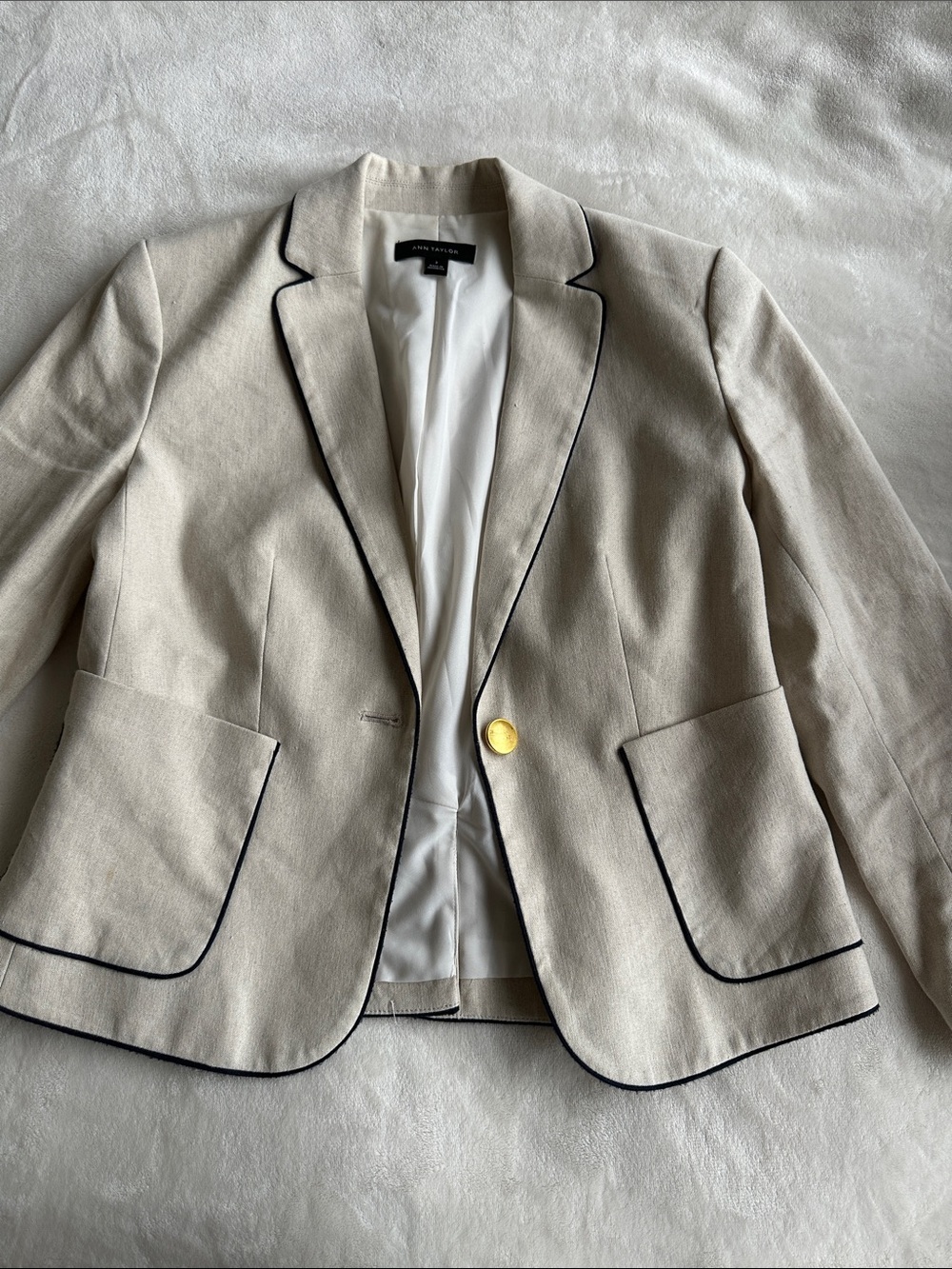 Anne Klein Beige Blazer with Black Piping and Gold Button